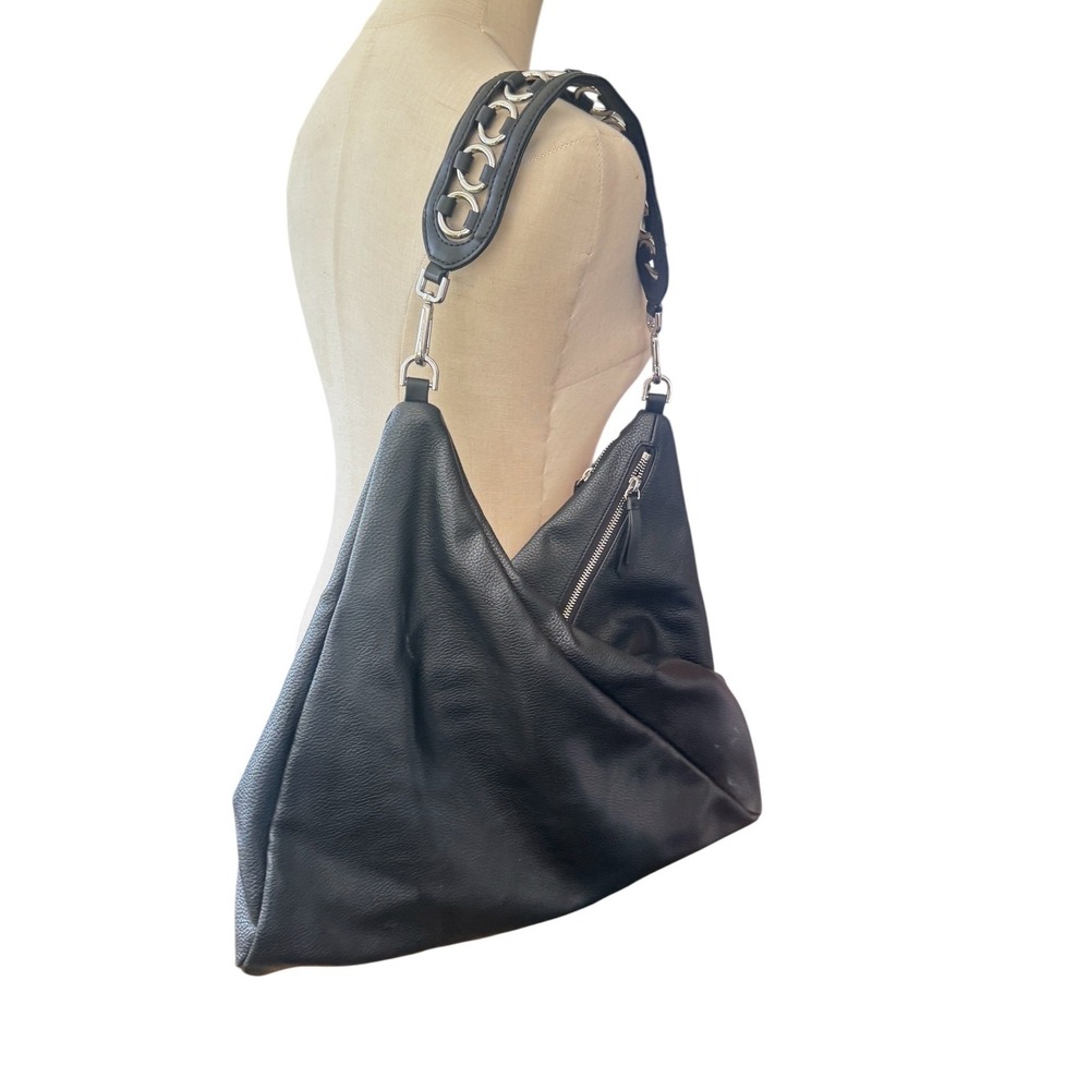 Calvin Klein Black Pebbled Faux Leather Asymmetrical Zip Hobo Bag Boho vegan - Picture 12 of 12